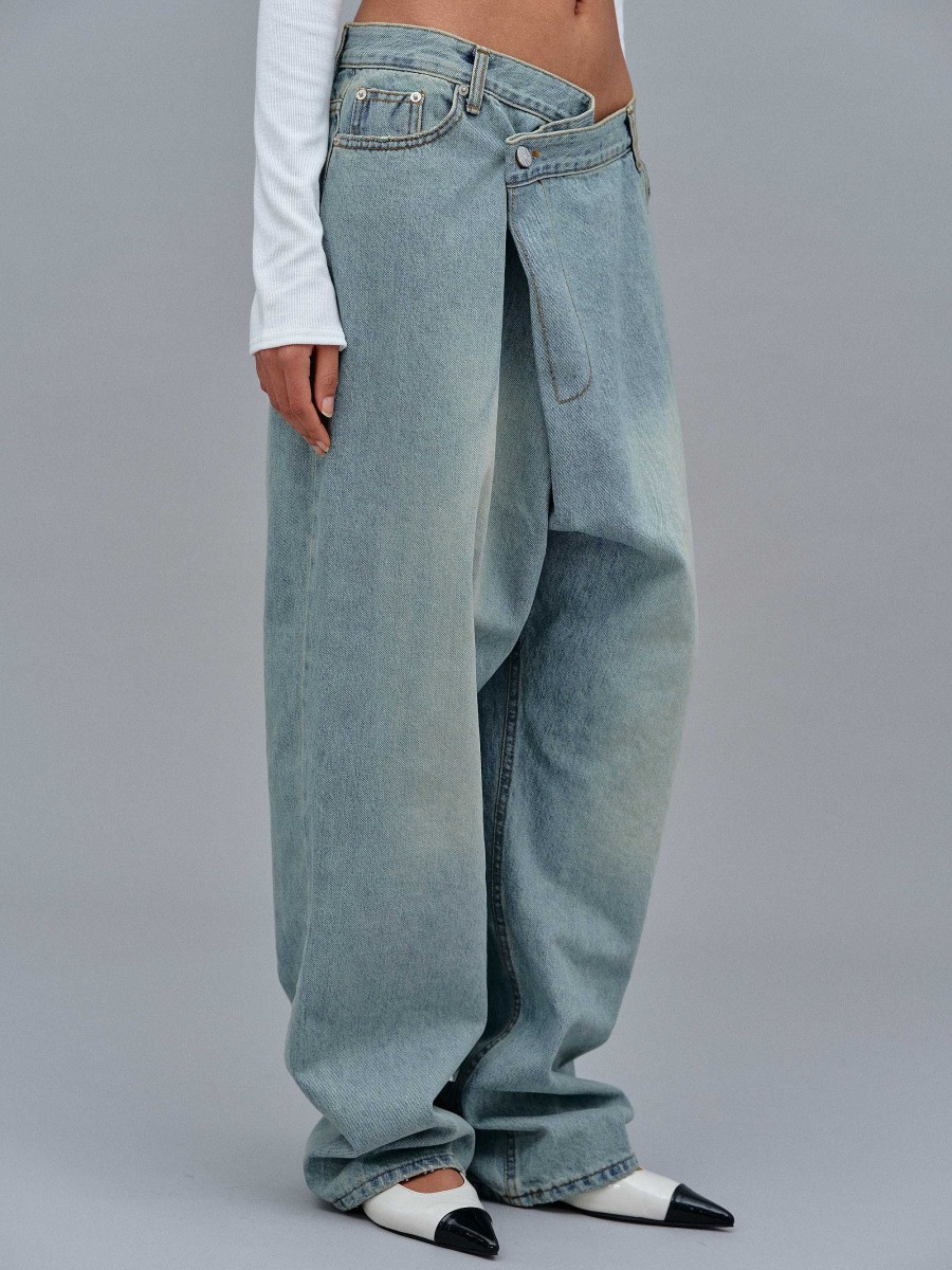 Source Unknown Asymmetrische, Verblasste Wickeljeans, Stone Wash | Denim