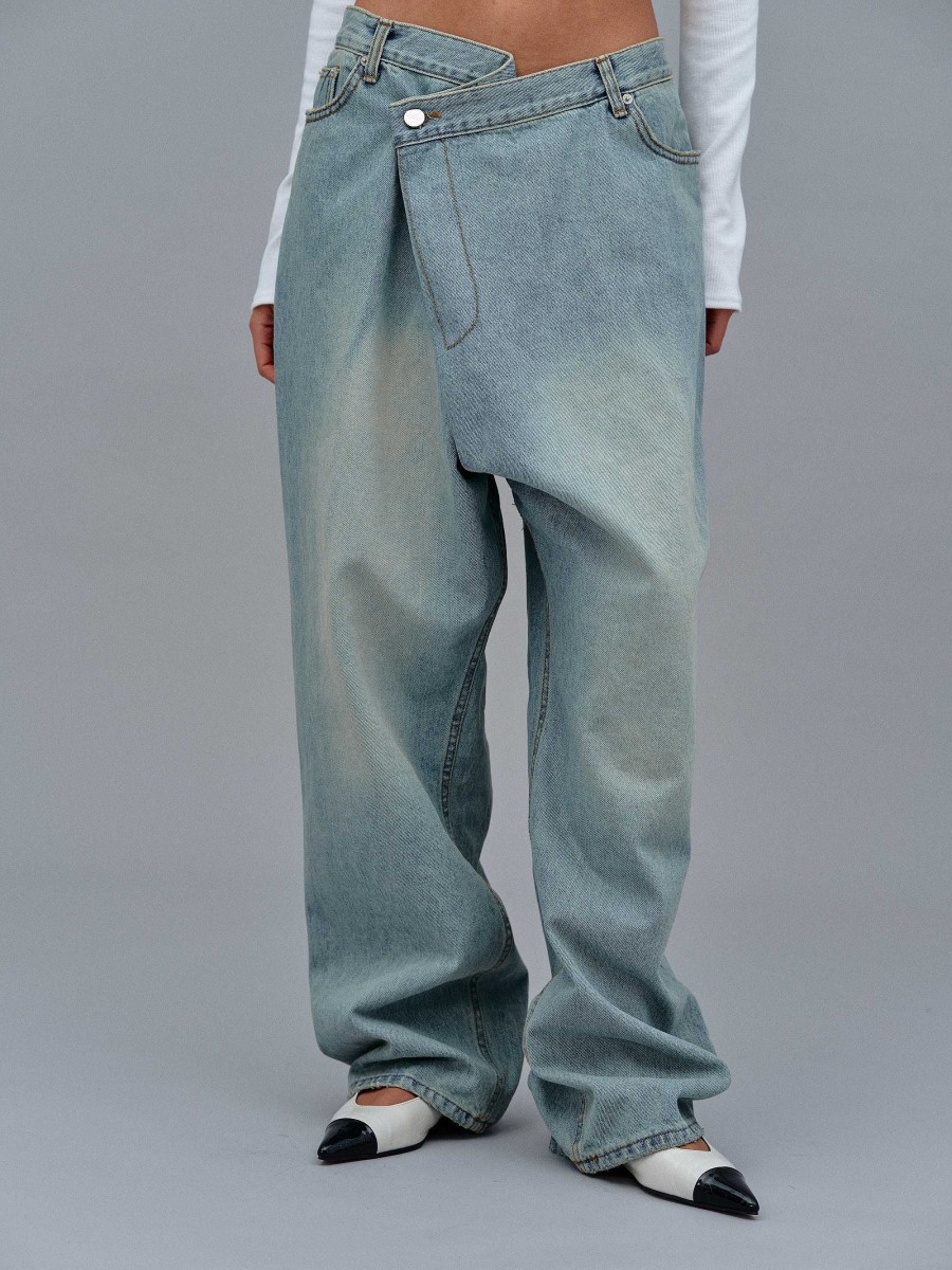 Source Unknown Asymmetrische, Verblasste Wickeljeans, Stone Wash | Kleidung