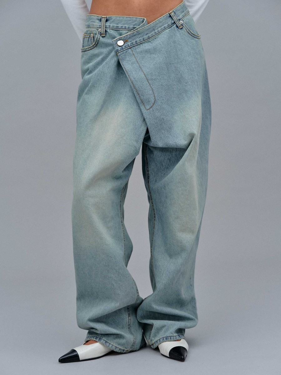 Source Unknown Asymmetrische, Verblasste Wickeljeans, Stone Wash | Kleidung